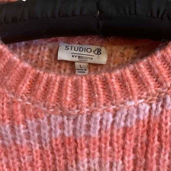 Studio B by Bobeau Sunrise Pink Tan Crewneck Cozy Ribbed Sweater Size L - Picture 3 of 9
